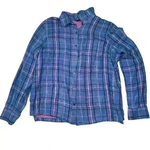 SUPER SOFT Flannel Blue Plaid Red Check Lining Roll Tab Long Sleeve Women Med